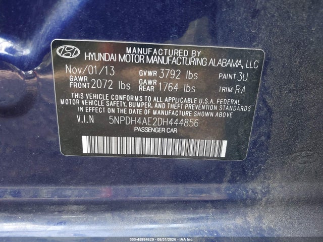 Продажа на аукционе авто 2013 Hyundai Elantra Limited, vin: 5NPDH4AE2DH444856, номер лота: 45994629