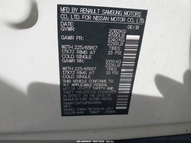 45994635 :رقم المزاد ، KNMAT2MT9JP604859 vin ، 2018 Nissan Rogue Sv مزاد بيع