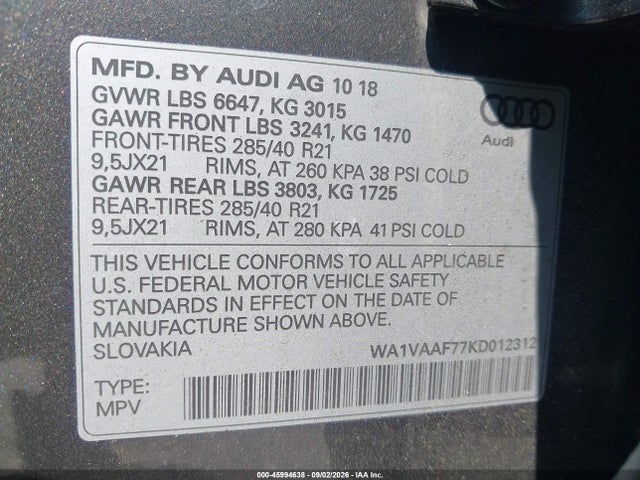 Aukcja sprzedaży 2019 Audi Q7 55 Premium, vin: WA1VAAF77KD012312, numer aukcji: 45994638