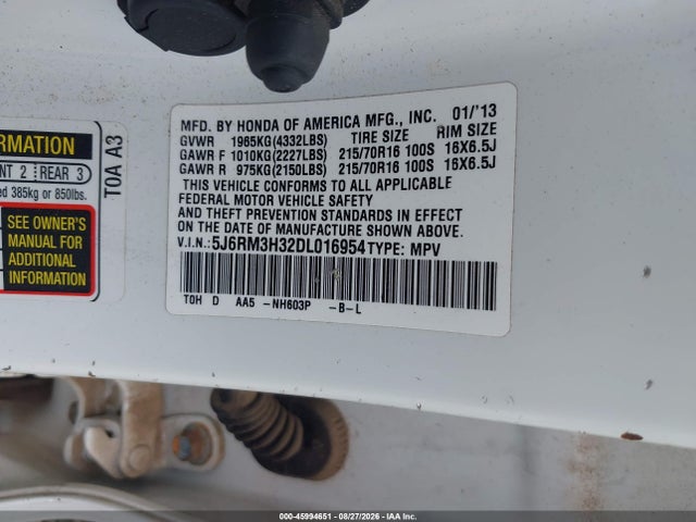 Продаж на аукціоні авто 2013 Honda Cr-v Lx, vin: 5J6RM3H32DL016954, номер лоту: 45994651