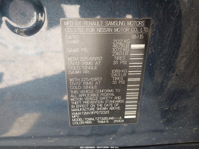 2015 Nissan Rogue Sv მანქანა იყიდება აუქციონზე, vin: KNMAT2MV3FP572323, აუქციონის ნომერი: 45994655