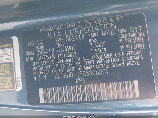 45994661 :رقم المزاد ، KNDRHDJG5S5308001 vin ، 2025 Kia Sorento Hybrid Ex مزاد بيع