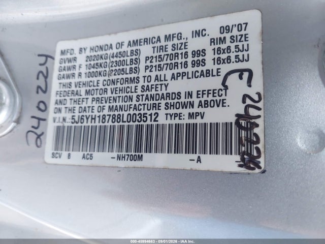 45994663 :رقم المزاد ، 5J6YH18788L003512 vin ، 2008 Honda Element Ex مزاد بيع