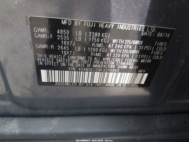Aukcja sprzedaży 2015 Subaru Outback 3.6r Limited, vin: 4S4BSELC4F3215843, numer aukcji: 45994672