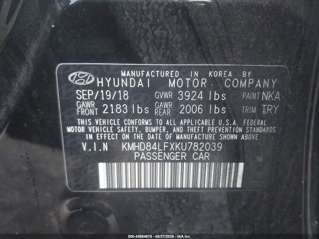 2019 Hyundai Elantra Value Edition მანქანა იყიდება აუქციონზე, vin: KMHD84LFXKU782039, აუქციონის ნომერი: 45994675
