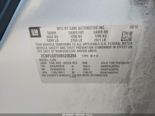 45994697 :رقم المزاد ، 2CNFLGE58B6206204 vin ، 2011 Chevrolet Equinox Ltz مزاد بيع