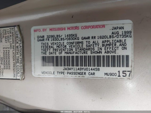 2000 Mitsubishi Mirage De მანქანა იყიდება აუქციონზე, vin: JA3AY11A9YU014458, აუქციონის ნომერი: 45994698
