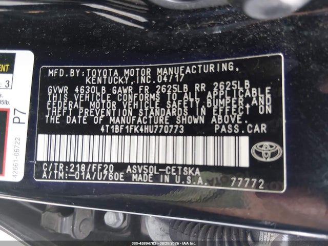Aukcja sprzedaży 2017 Toyota Camry Se, vin: 4T1BF1FK4HU770773, numer aukcji: 45994702