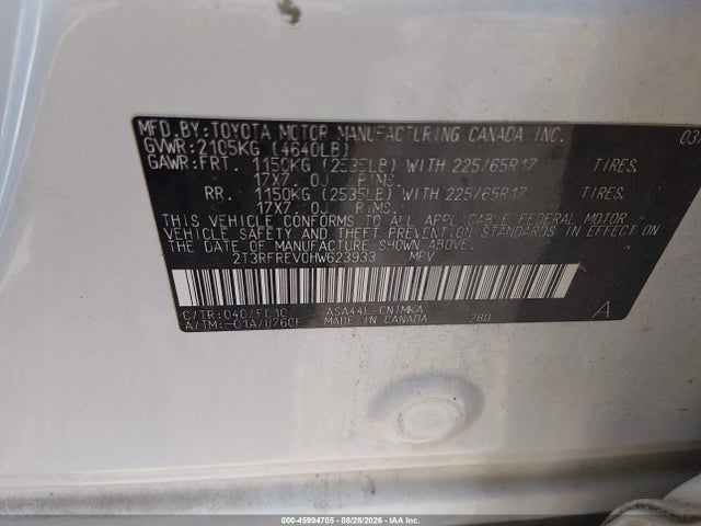 45994705 :رقم المزاد ، 2T3RFREV0HW623933 vin ، 2017 Toyota Rav4 Xle مزاد بيع