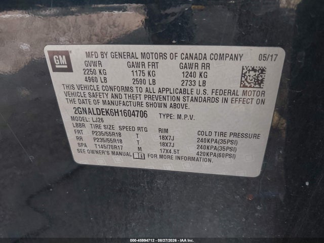 45994712 :رقم المزاد ، 2GNALDEK6H1604706 vin ، 2017 Chevrolet Equinox Premier مزاد بيع