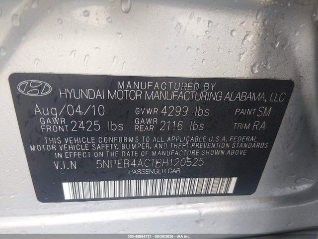2011 Hyundai Sonata Gls მანქანა იყიდება აუქციონზე, vin: 5NPEB4AC1BH120525, აუქციონის ნომერი: 45994721