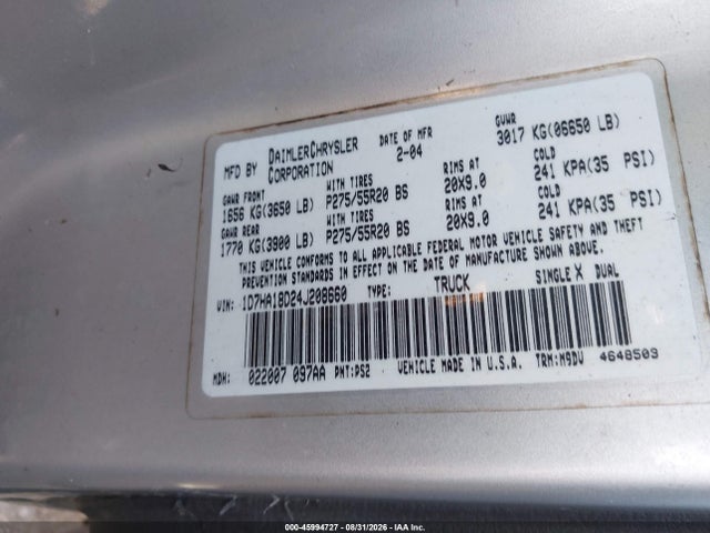 45994727 :رقم المزاد ، 1D7HA18D24J208660 vin ، 2004 Dodge Ram 1500 Slt/laramie مزاد بيع