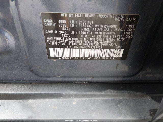 Aukcja sprzedaży 2015 Subaru Outback 2.5i Limited, vin: 4S4BSANC7F3299422, numer aukcji: 45994748