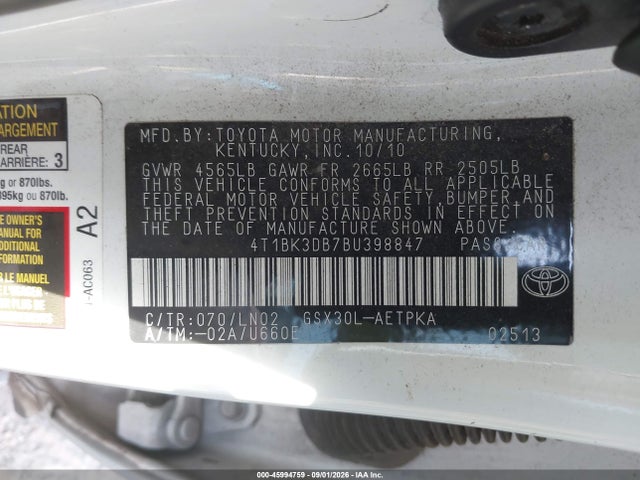 Продаж на аукціоні авто 2011 Toyota Avalon Limited, vin: 4T1BK3DB7BU398847, номер лоту: 45994759