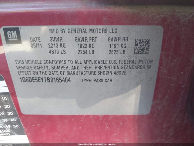 45994776 :رقم المزاد ، 1G6DE5EY7B0165404 vin ، 2011 Cadillac Cts Luxury مزاد بيع