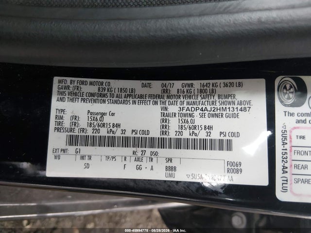 45994778 :رقم المزاد ، 3FADP4AJ2HM131487 vin ، 2017 Ford Fiesta S مزاد بيع