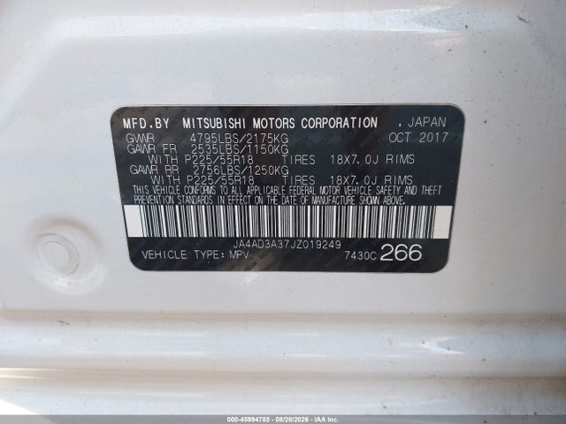 45994785 :رقم المزاد ، JA4AD3A37JZ019249 vin ، 2018 Mitsubishi Outlander Le مزاد بيع
