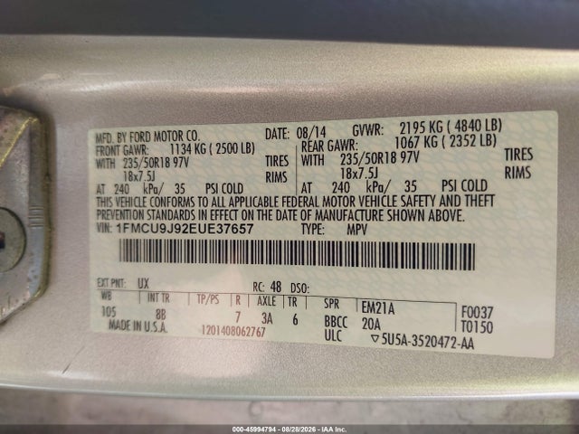2014 Ford Escape Titanium მანქანა იყიდება აუქციონზე, vin: 1FMCU9J92EUE37657, აუქციონის ნომერი: 45994794