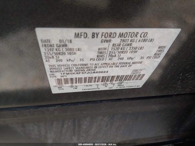 45994808 :رقم المزاد ، 1FM5K8F87JGA69624 vin ، 2018 Ford Explorer Limited مزاد بيع