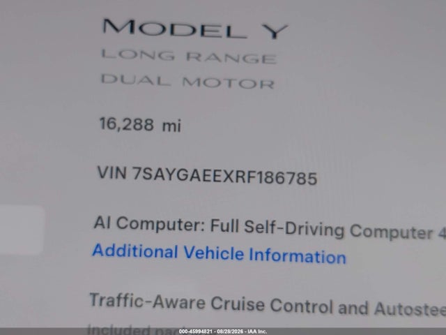 Aukcja sprzedaży 2024 Tesla Model Y Long Range Dual Motor All-wheel Drive, vin: 7SAYGAEEXRF186785, numer aukcji: 45994821