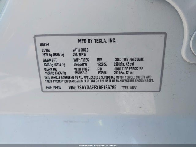 Aukcja sprzedaży 2024 Tesla Model Y Long Range Dual Motor All-wheel Drive, vin: 7SAYGAEEXRF186785, numer aukcji: 45994821