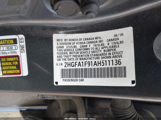 45994827 :رقم المزاد ، 2HGFA1F91AH511136 vin ، 2010 Honda Civic Ex-l مزاد بيع