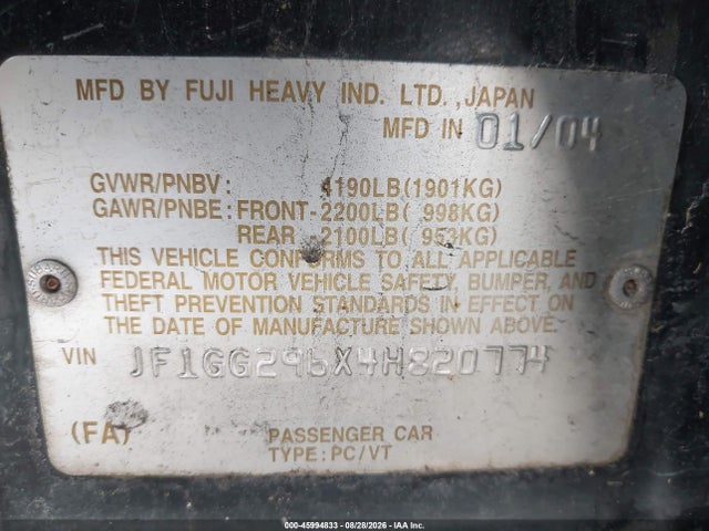 45994833 :رقم المزاد ، JF1GG296X4H820774 vin ، 2004 Subaru Impreza Wrx مزاد بيع
