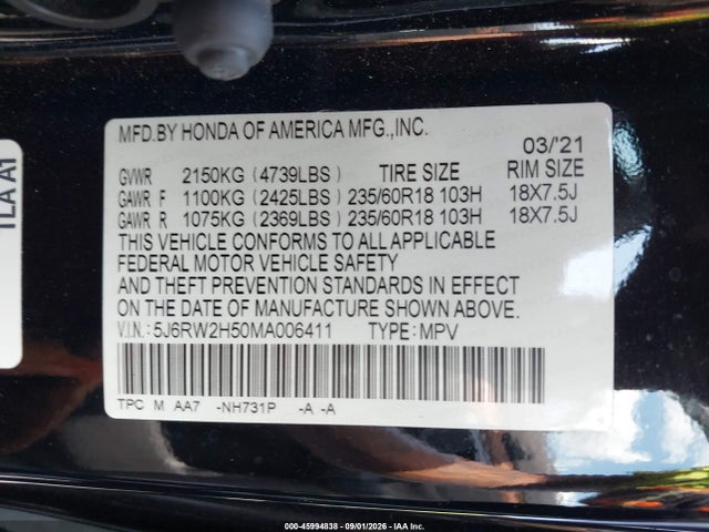 Honda Cr-v Awd Ex 2021 5J6RW2H50MA006411 Image 9