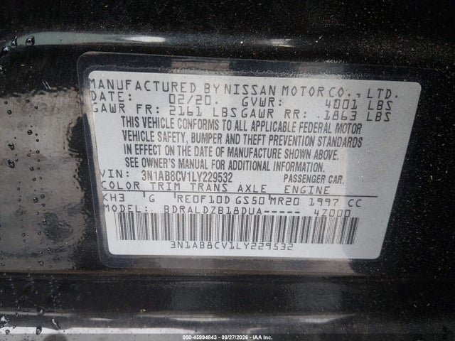 2020 Nissan Sentra Sv Xtronic Cvt მანქანა იყიდება აუქციონზე, vin: 3N1AB8CV1LY229532, აუქციონის ნომერი: 45994843