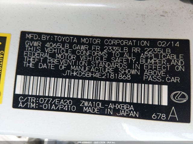 Auction sale of the 2014 Lexus Ct 200h, vin: JTHKD5BH4E2181868, lot number: 45994851