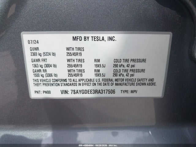 45994864 :رقم المزاد ، 7SAYGDEE3RA317506 vin ، 2024 Tesla Model Y Long Range Dual Motor All-wheel Drive مزاد بيع
