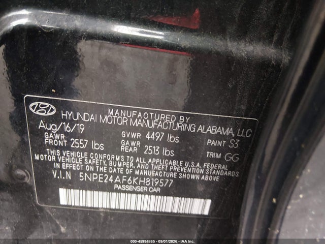 Aukcja sprzedaży 2019 Hyundai Sonata Se, vin: 5NPE24AF6KH819577, numer aukcji: 45994865