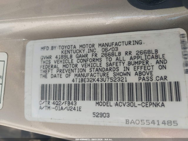 Продажа на аукционе авто 2003 Toyota Camry Le, vin: 4T1BE32K43U752321, номер лота: 45994873