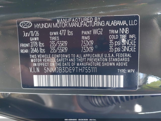 Продажа на аукционе авто 2026 Hyundai Tucson Sel Plus, vin: 5NMJB3DE9TH755111, номер лота: 45994885