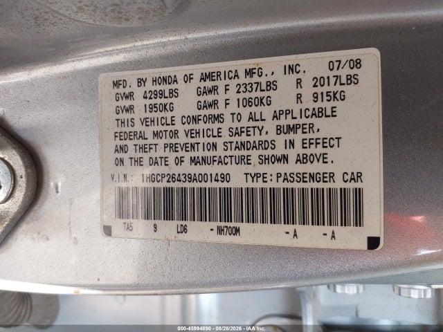 Aukcja sprzedaży 2009 Honda Accord 2.4 Lx-p, vin: 1HGCP26439A001490, numer aukcji: 45994890