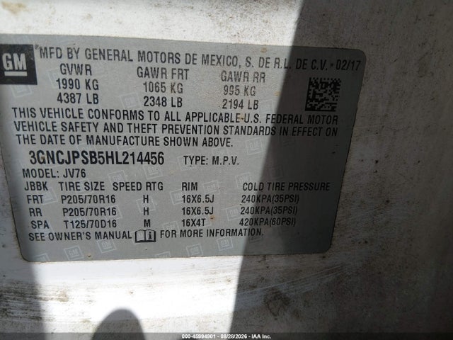 Продаж на аукціоні авто 2017 Chevrolet Trax Lt, vin: 3GNCJPSB5HL214456, номер лоту: 45994901