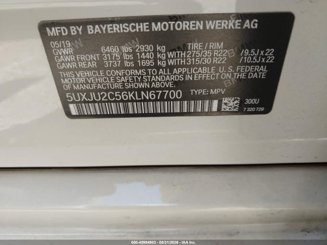 45994903 :رقم المزاد ، 5UXJU2C56KLN67700 vin ، 2019 Bmw X5 Xdrive50i مزاد بيع