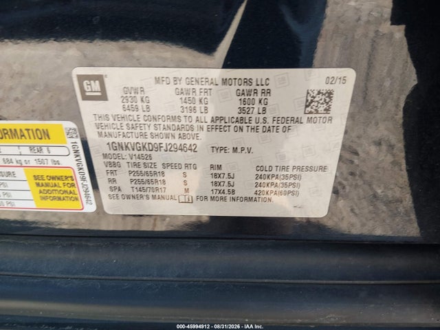 45994912 :رقم المزاد ، 1GNKVGKD9FJ294642 vin ، 2015 Chevrolet Traverse 1lt مزاد بيع