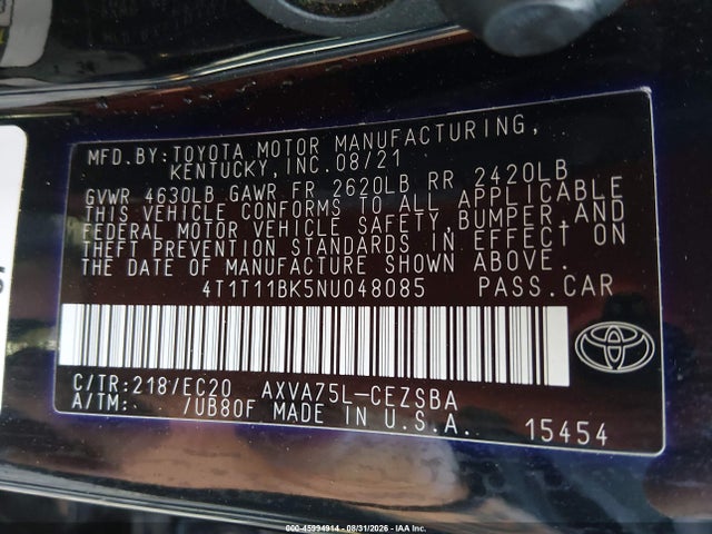 Aukcja sprzedaży 2022 Toyota Camry Se Nightshade Special Awd, vin: 4T1T11BK5NU048085, numer aukcji: 45994914