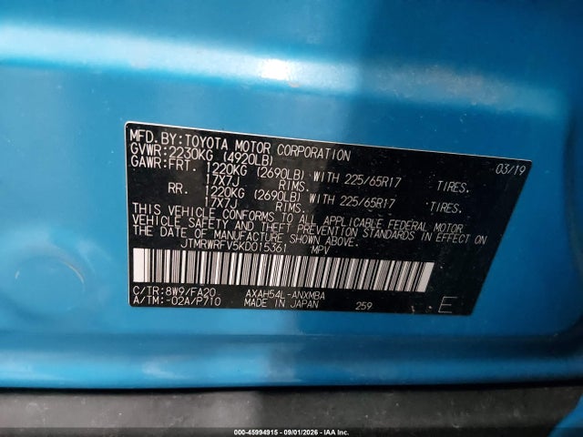 45994915 :رقم المزاد ، JTMRWRFV5KD015361 vin ، 2019 Toyota Rav4 Hybrid Xle مزاد بيع