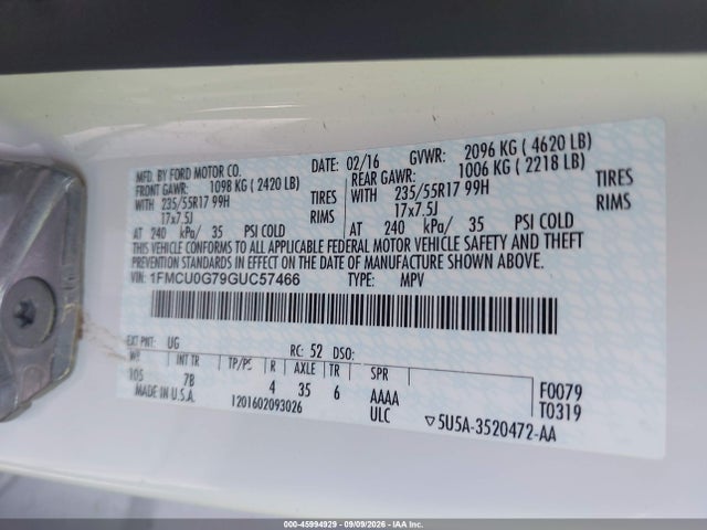 Aukcja sprzedaży 2016 Ford Escape Se, vin: 1FMCU0G79GUC57466, numer aukcji: 45994929