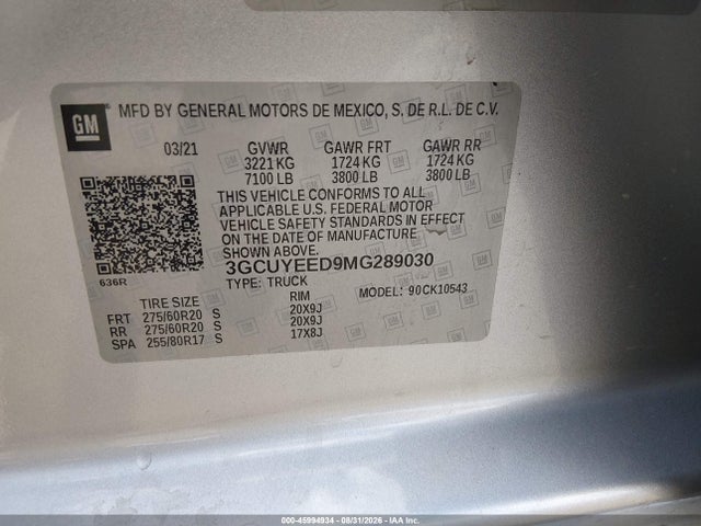 Продаж на аукціоні авто 2021 Chevrolet Silverado 1500 4wd  Short Bed Rst, vin: 3GCUYEED9MG289030, номер лоту: 45994934
