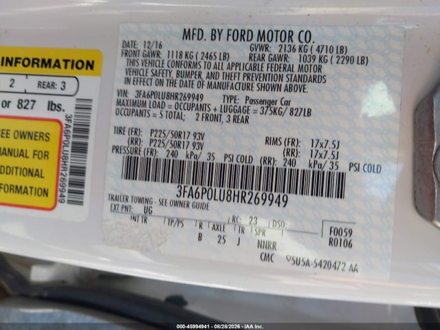 Продажа на аукционе авто 2017 Ford Fusion Hybrid Se, vin: 3FA6P0LU8HR269949, номер лота: 45994941