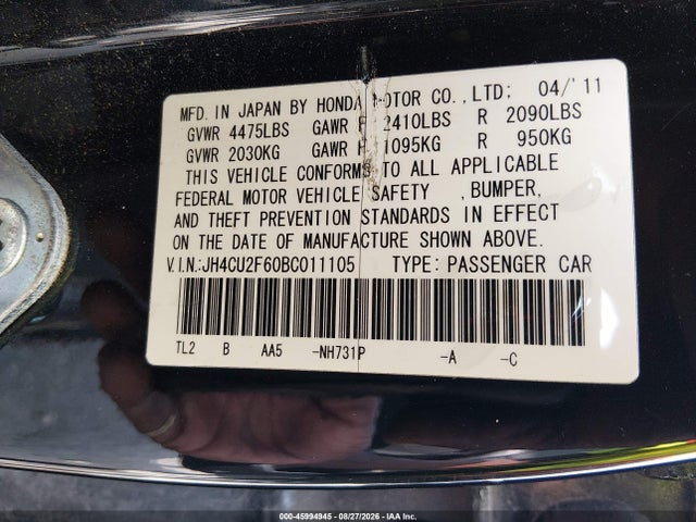 45994945 :رقم المزاد ، JH4CU2F60BC011105 vin ، 2011 Acura Tsx 2.4 مزاد بيع
