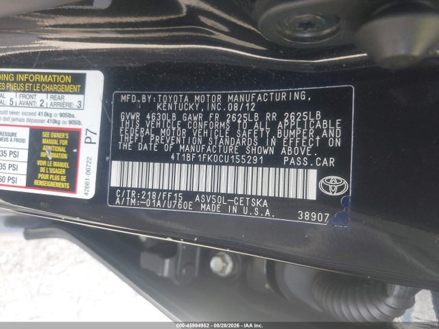Продажа на аукционе авто 2012 Toyota Camry Se, vin: 4T1BF1FK0CU155291, номер лота: 45994952