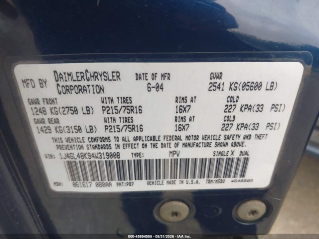 Продажа на аукционе авто 2004 Jeep Liberty Sport, vin: 1J4GL48K94W319008, номер лота: 45994955