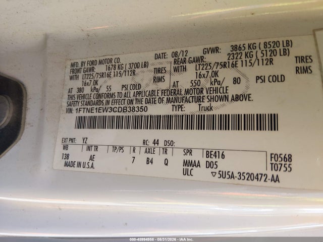 Продаж на аукціоні авто 2012 Ford E-150 Commercial, vin: 1FTNE1EW3CDB38350, номер лоту: 45994958