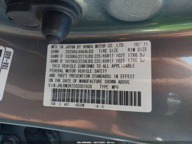 Продажа на аукционе авто 2012 Honda Cr-v Ex-l, vin: JHLRM3H72CC001638, номер лота: 45994962
