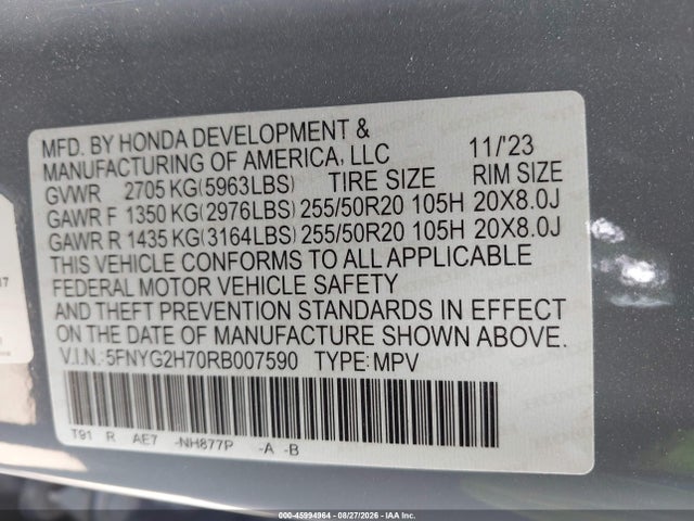 2024 Honda Pilot Touring მანქანა იყიდება აუქციონზე, vin: 5FNYG2H70RB007590, აუქციონის ნომერი: 45994964