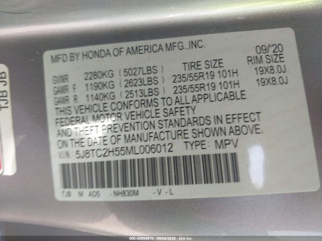 2021 Acura Rdx Technology Package მანქანა იყიდება აუქციონზე, vin: 5J8TC2H55ML006012, აუქციონის ნომერი: 45994970